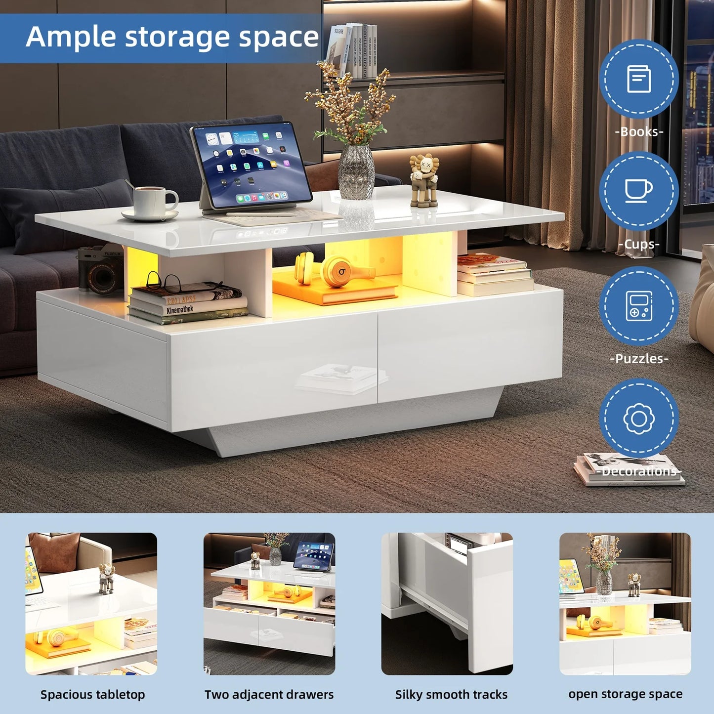 Salontafel – Koffietafel – Tafel – Woonkamertafel – Theetafel – Wit – Hoogglans – LED-Verlichting – 2 Lade – 90x55x41 cm