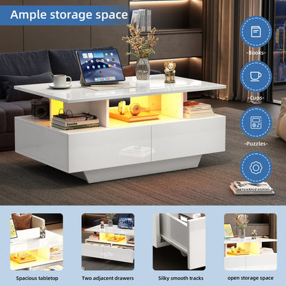 Salontafel – Koffietafel – Tafel – Woonkamertafel – Theetafel – Wit – Hoogglans – LED-Verlichting – 2 Lade – 90x55x41 cm