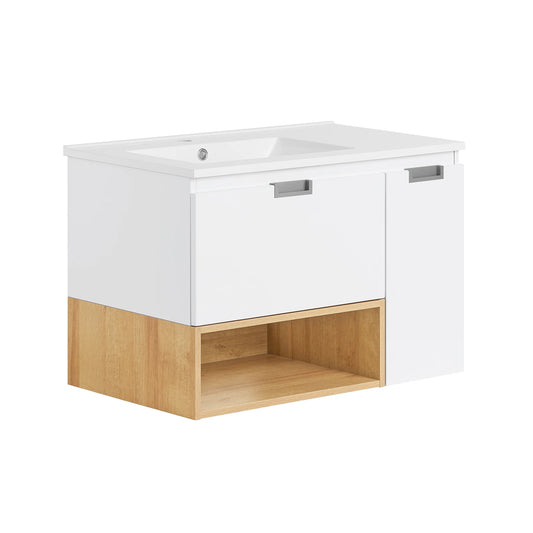 Wastafelmeubel – Wastafelonderkast – Badmeubel – Badkamermeubel – Wastafelkast – Wit – Keramische Wasbak 80x54x46 cm – Wandmontage Met Lade En Opbergruimte - QUORE