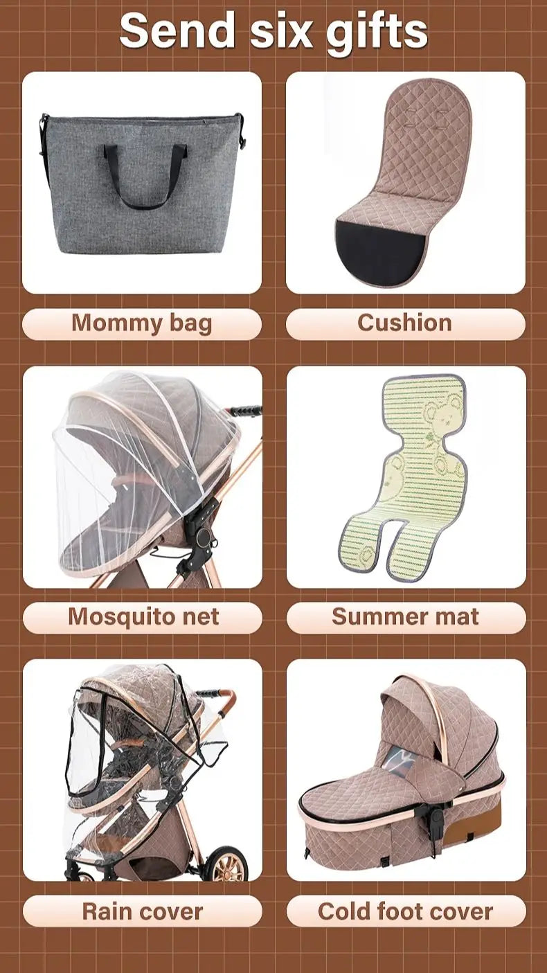 3-In-1 Kinderwagen – Reiswieg – Autostoeltje – Wandelwagen – Compact Opvouwbaar – Roestvrij Staal Frame – Geschikt Vanaf Geboorte - Beige