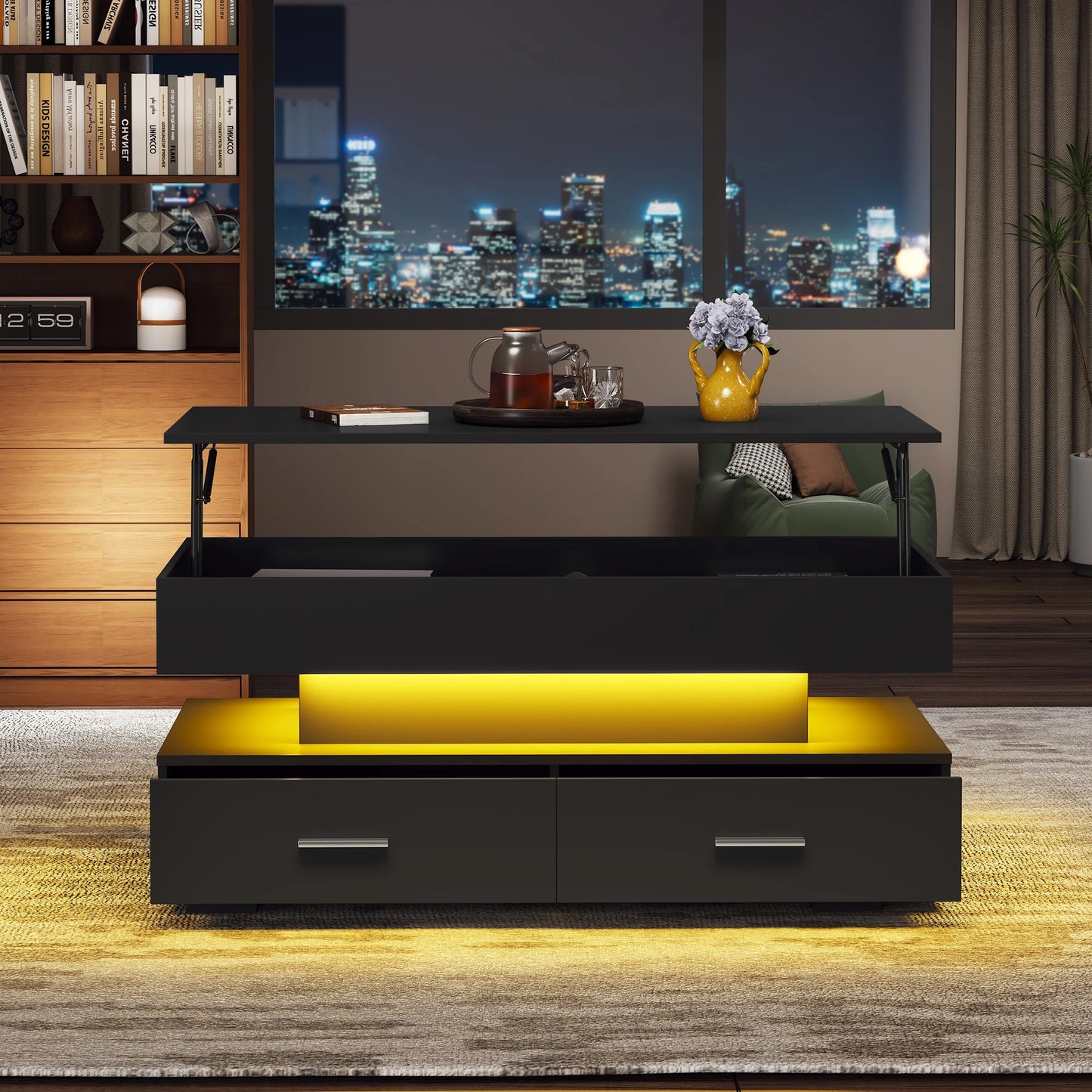 Salontafel – Koffietafel – Bijzettafel – Woonkamertafel – Tafeltje – Verstelbare Hoogte 44-63 cm – LED Verlichting met Bluetooth Bediening