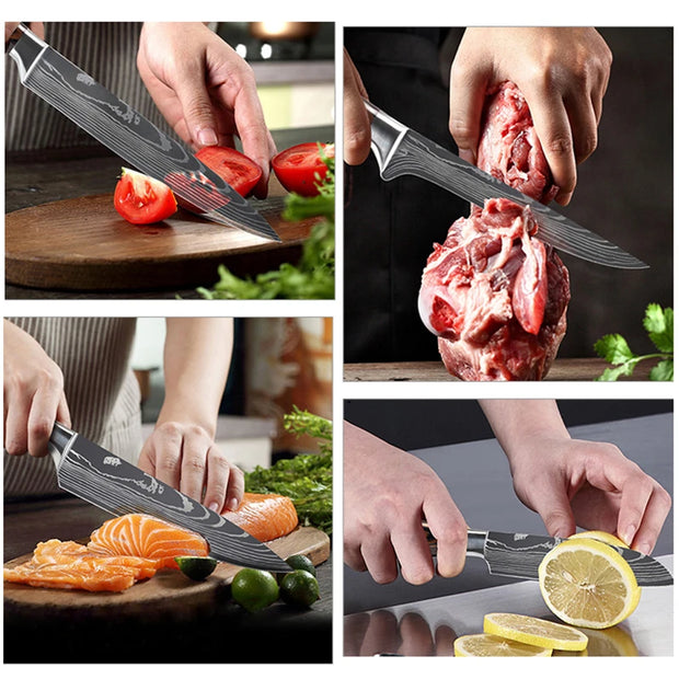 Keukenmessen - Knife set - Chef Knife - Knives - Kitchen Knife - Scherp 7CR17 Roestvrij Staal - Laser Damascus Patroon Keukenmessen - Santoku Vleesmes - 7 stuks
