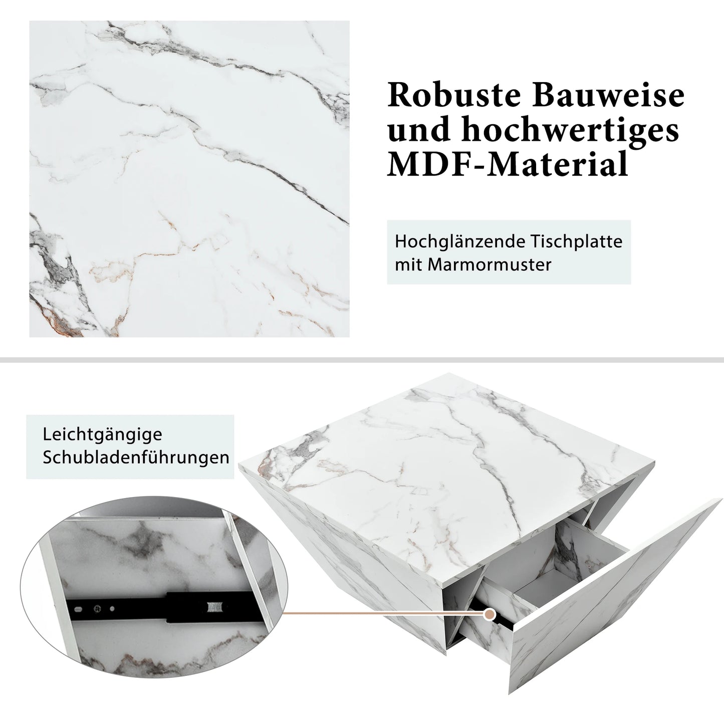 Salontafel – Koffietafel – Woonkamertafel – Tafel Met Opbergruimte – Trapeziumvormige Tafel – MDF Met Wit Marble Veneer – 2 Lades – 70x70x37 cm