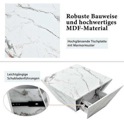 Salontafel – Koffietafel – Woonkamertafel – Tafel Met Opbergruimte – Trapeziumvormige Tafel – MDF Met Wit Marble Veneer – 2 Lades – 70x70x37 cm