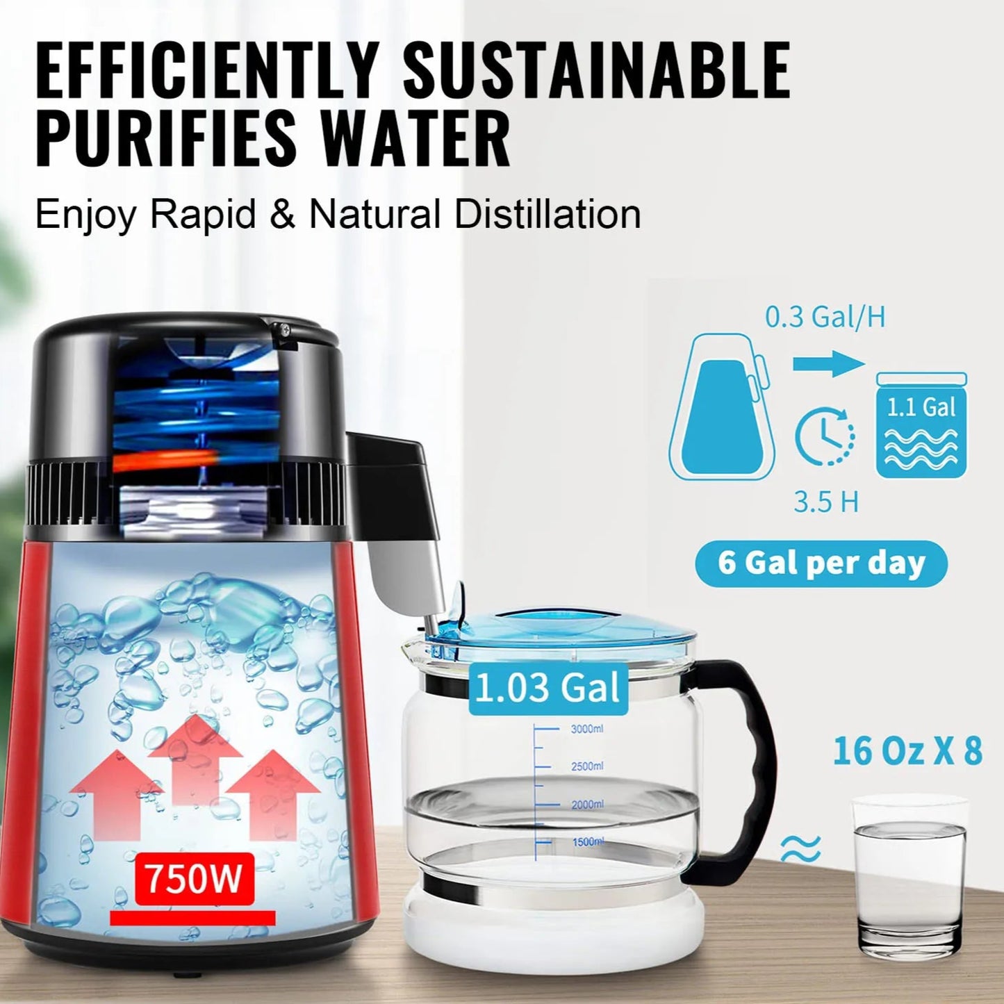 Destilleerapparaat - Water Destilleerapparaat - Waterdispenser - Waterdistilleerder - 4L - Krachtige 750W Waterzuiveraar voor Thuisgebruik - Roestvrij staal - QUORE