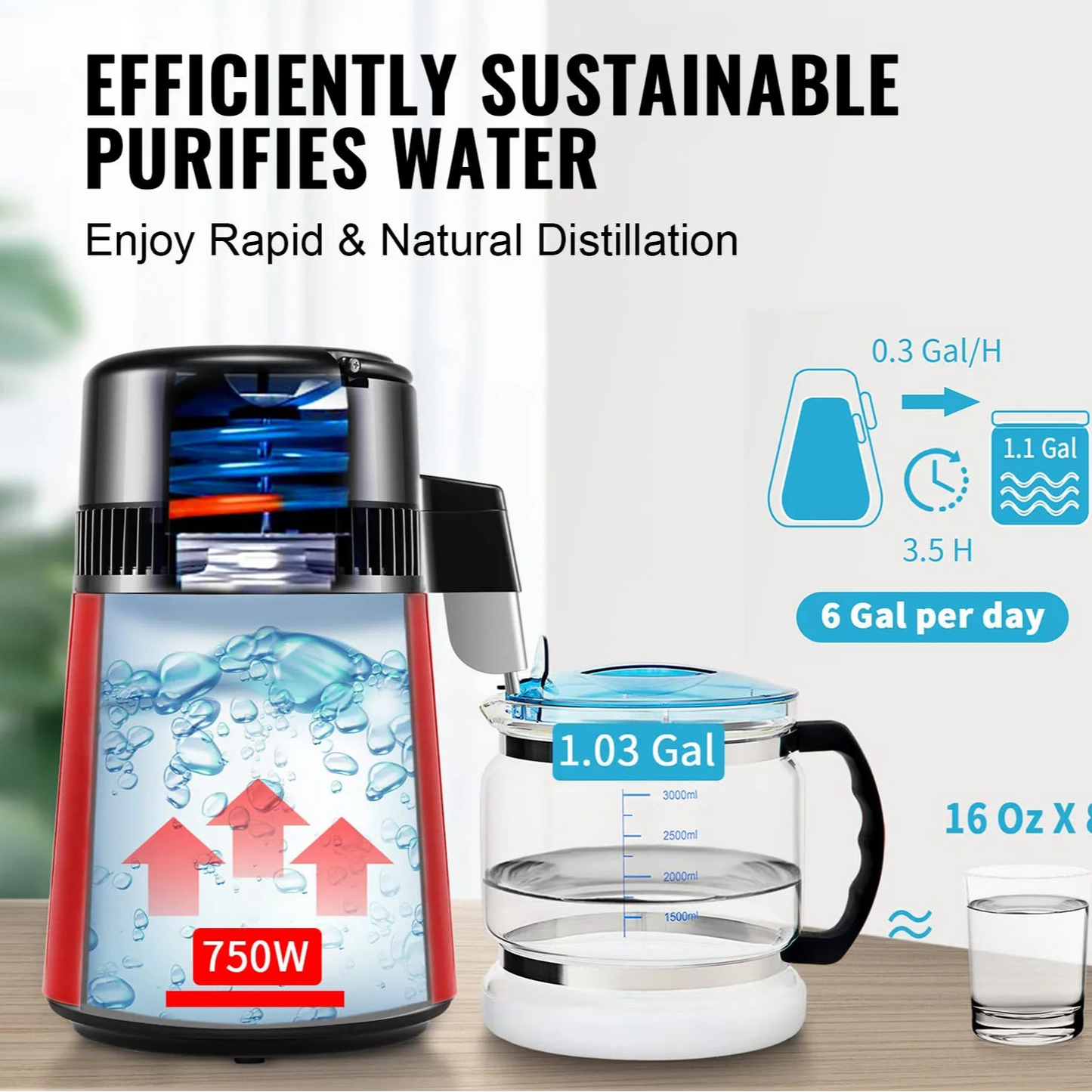 Destilleerapparaat - Water Destilleerapparaat - Waterdispenser - Waterdistilleerder - 4L - Krachtige 750W Waterzuiveraar voor Thuisgebruik - Rood - QUORE