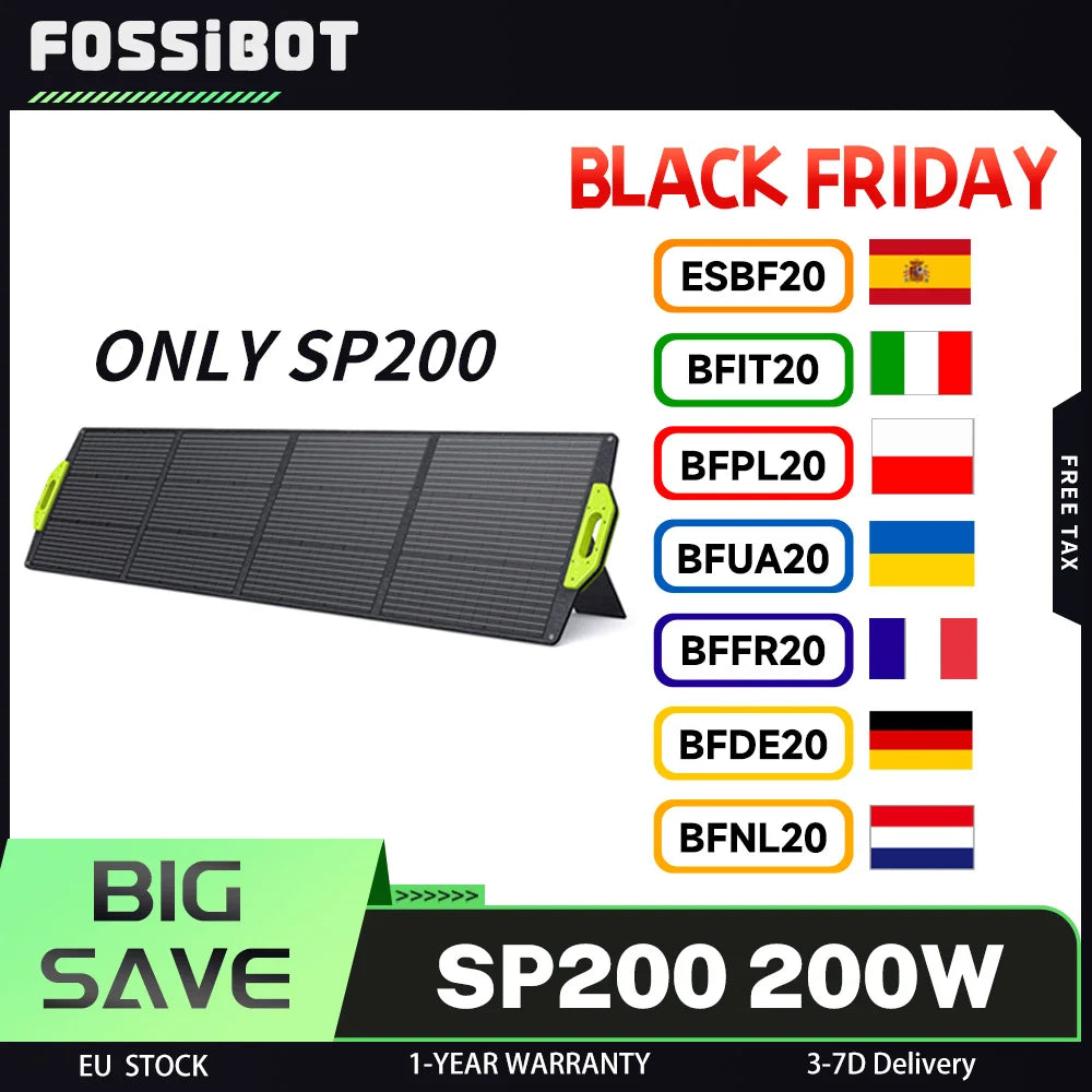 FOSSiBOT SP200 200W Foldable Solar Panel, 23.4% High Cell Efficiency, ETFE Coating, Adjustable Kickstands for Home, RV, Camping - QUORE