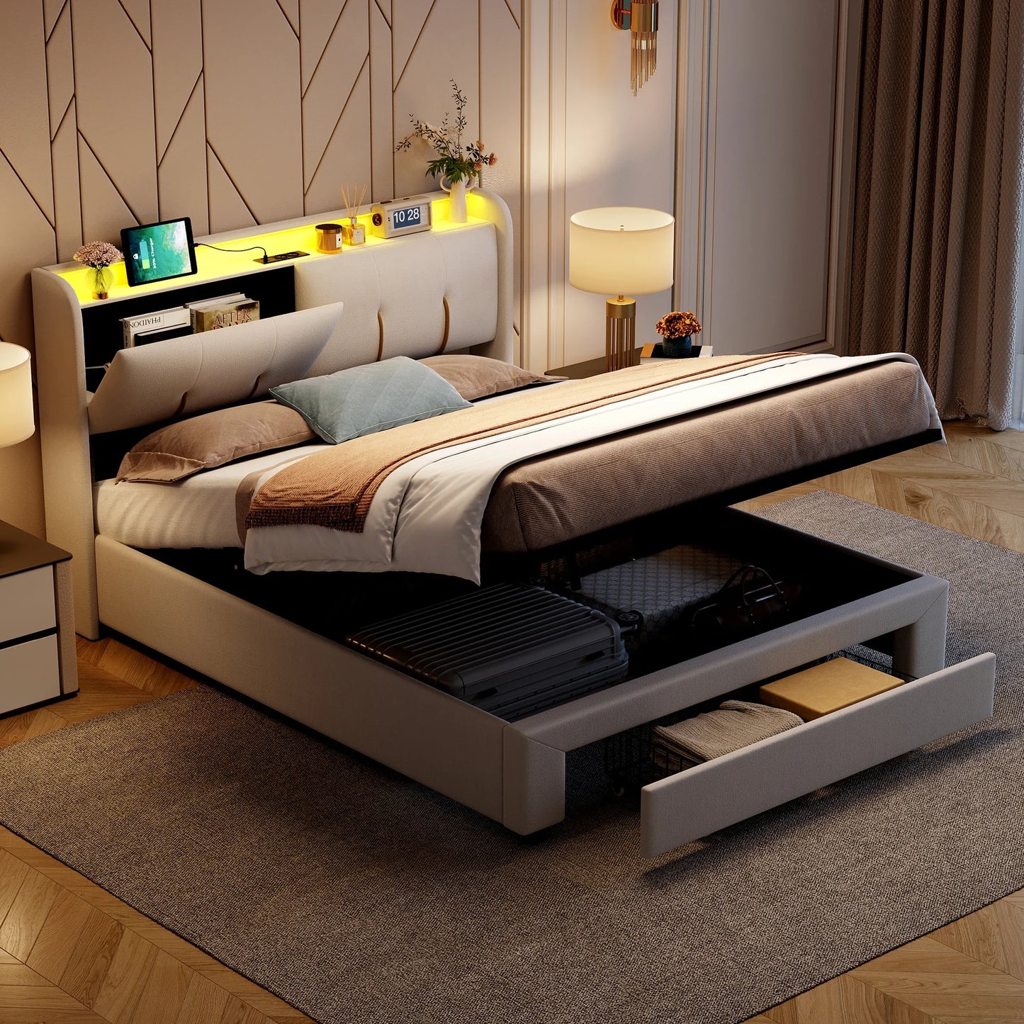 Bedframe – Tweepersoonsbed – Gestoffeerd Bed – Opbergbed – Boxspringframe – Velvet Stof – Verstelbare LED-verlichting en USB-poorten – Hydraulische Opbergruimte 140x200 cm - QUORE