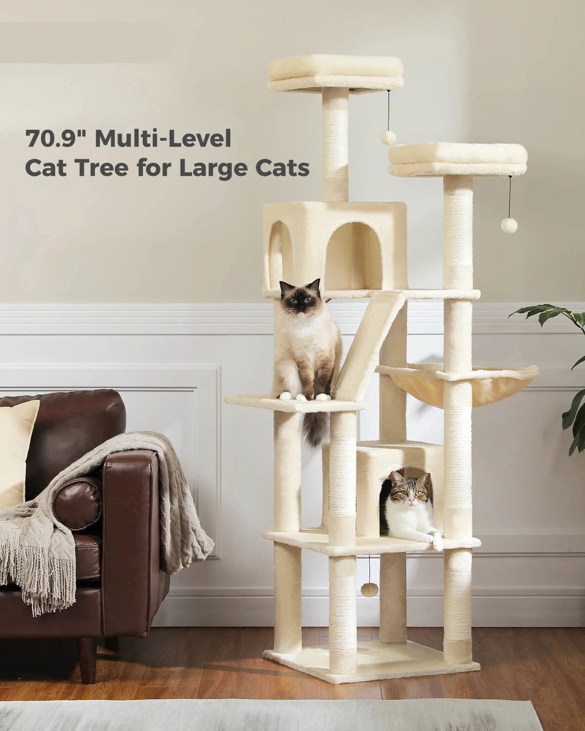 Kattenboom - Kitten Krabpaal - Sisal Krabpalen - Krabpaal - Katten Klimmuur - Krabplanken - Arbre a Chat - Hangmat & Speeltjes - Meerdere Verdiepingen - met Pluche Kattenhuisjes - 180cm - Zwart - QUORE