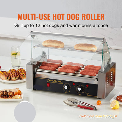 Hotdog Grill Machine - Hotdog Grill - Hotdogroller - 7 RVS Rollen - 750W - Elektrische Grill - met Deksel - Twee Temperatuurregelaars - Spatwand en plank - voor Keuken - en Feestjes - Capaciteit 12 Stuks