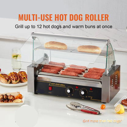 Hotdog Grill Machine - Hotdog Grill - Hotdogroller - 11 RVS Rollen - 750W - Elektrische Grill - met Deksel - Twee Temperatuurregelaars - Spatwand en plank - voor Keuken - en Feestjes - Capaciteit 12 Stuks