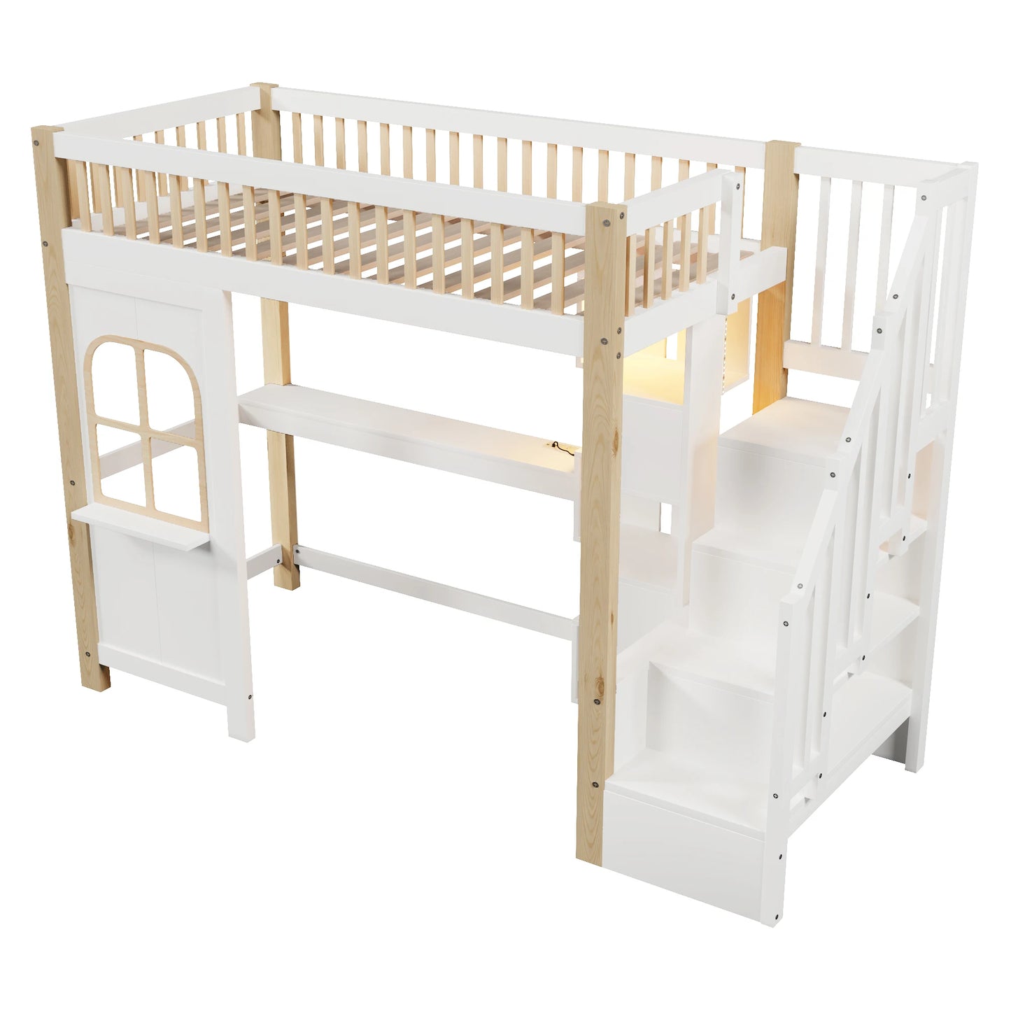 Hoogslaper – Kinderbed – Stapelbed – Bedframe – Huisvormig Bed – 90x200 cm – Massief Hout – Veel Opbergruimte Met Kastjes En Trap