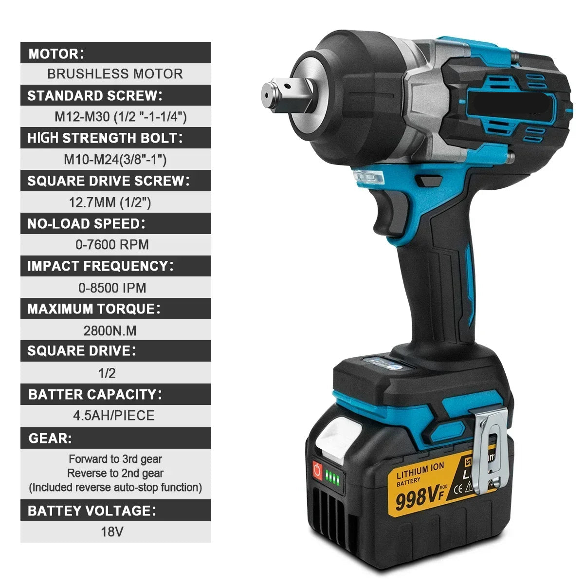 Slagmoersleutel - Slagschroevendraaier - Slagmoersleutel - Krachtige Draadloze Slagmoersleutel - Geschikt voor 18V Batterijen - 2800N.M - Brushless - Zonder Accu