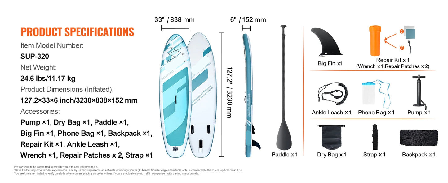 Supboard - Stand-Up Paddle Board - Sup - Sup Board Opblaasbaar - 10.6' x 33" x 6" - Inclusief Accessoires en Reparatieset – Antislip Dek – Geschikt voor Jongeren en Volwassenen