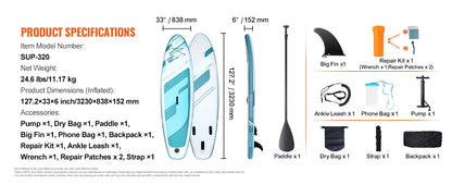 Supboard - Stand-Up Paddle Board - Sup - Sup Board Opblaasbaar - 10.6' x 33" x 6" - Inclusief Accessoires en Reparatieset – Antislip Dek – Geschikt voor Jongeren en Volwassenen