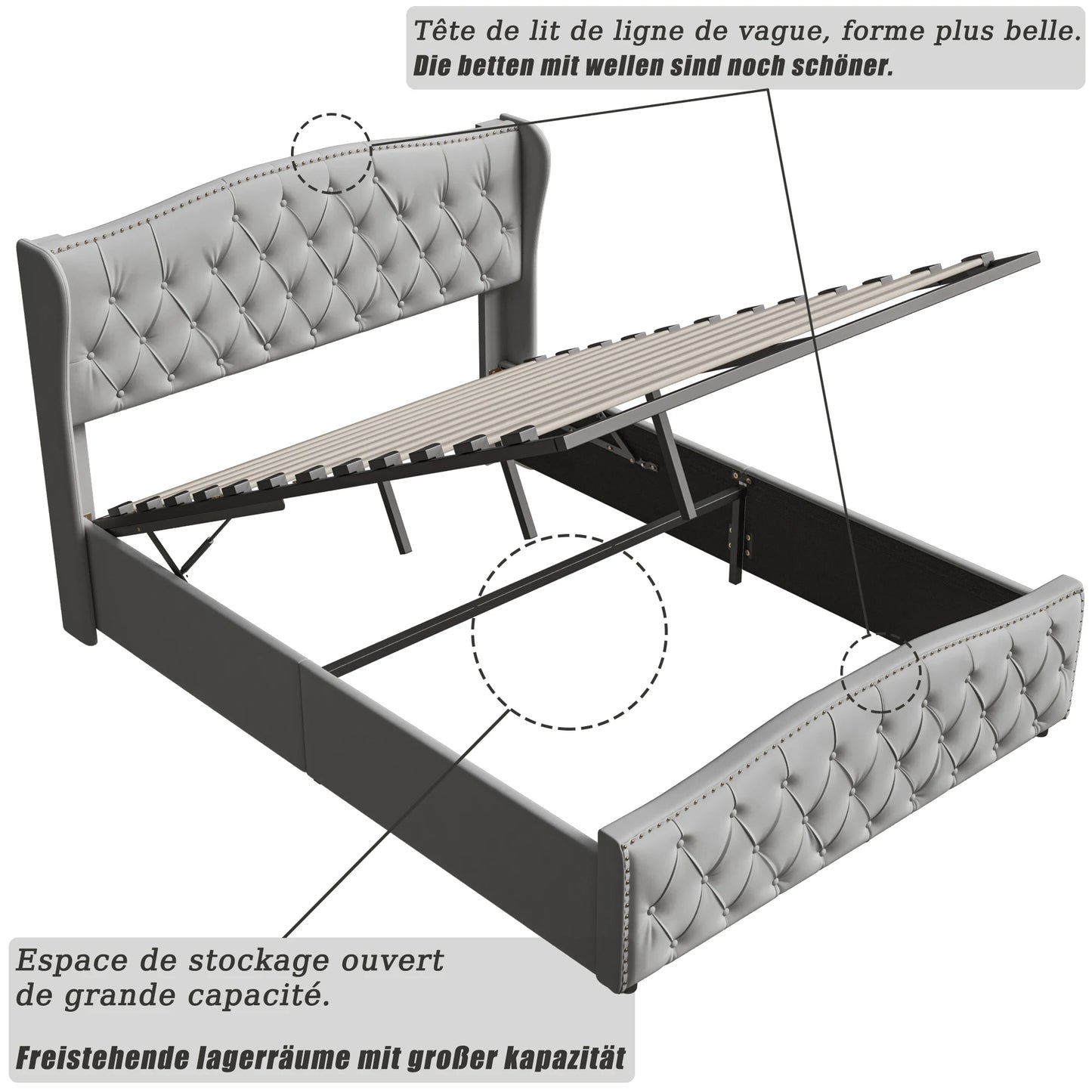 Velvet Bed – Slaapbed – Opbergbed – Bed Met Laden – Scandinavisch Bed – Ruime Opberglade – Stevig Houten Frame - Lichtgrijs - 140 x 200 cm