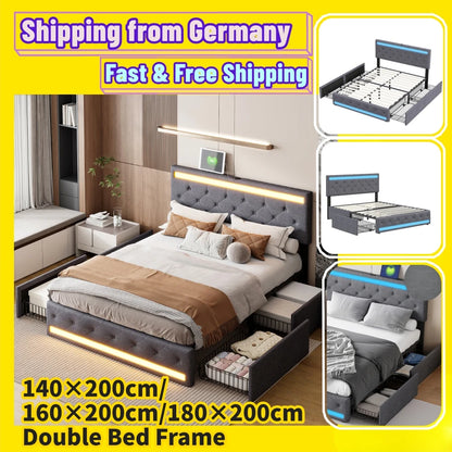 Led Bed – Boxspring – Tweepersoonsbed – Opbergbed – Gestoffeerd Bed – 140×200 cm – LED Verlichting – USB Oplaadpoort – 4 Opberglades – Linnen