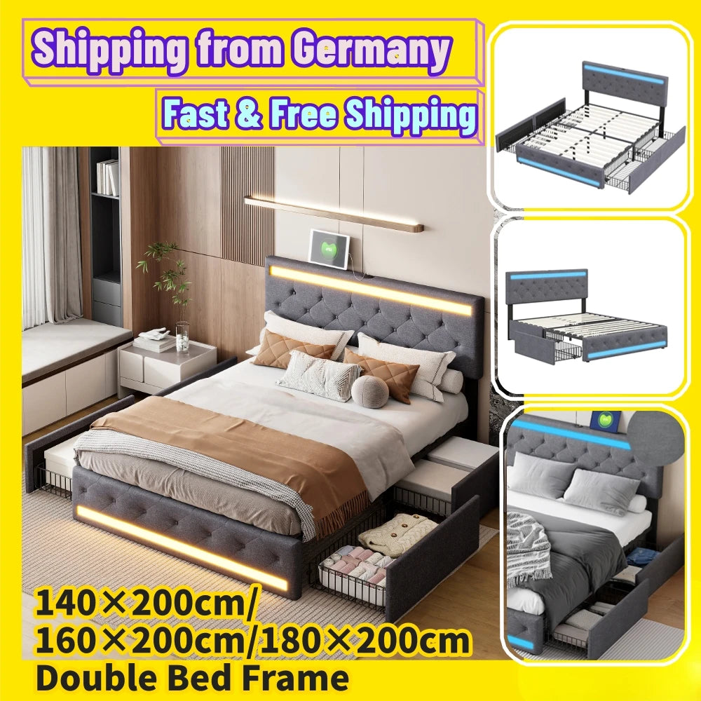 Led Bed – Gestoffeerd Bed – Tweepersoonsbed – Opbergbed – Bed Met Lades – 180x200 cm – LED Verlichting – USB Oplaadpoort