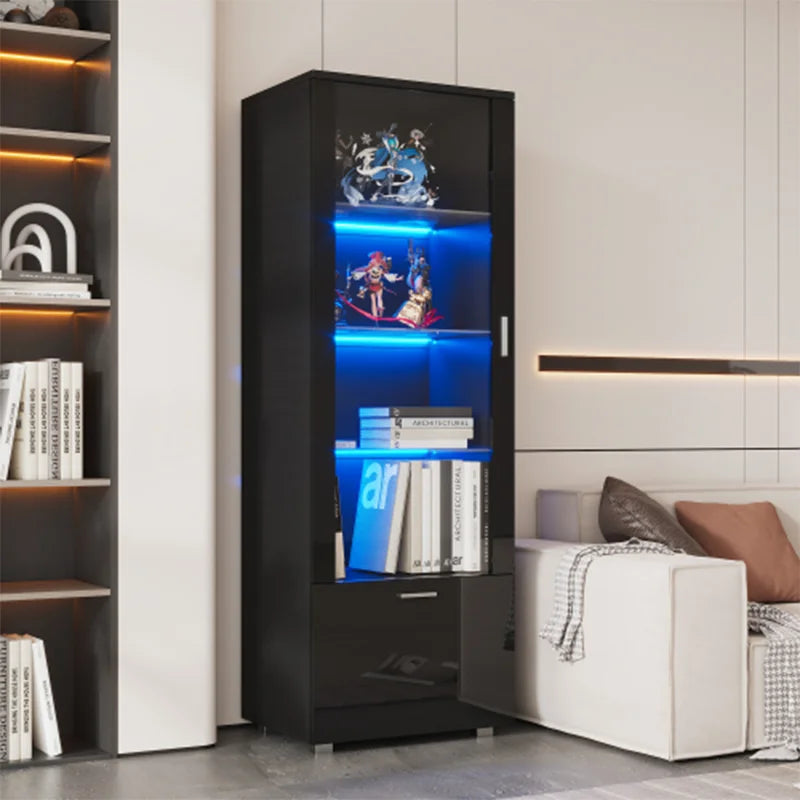 Vitrinekast - Met glazen deur - Zwart Hoogglans - LED Verlichting - 3 Planken
