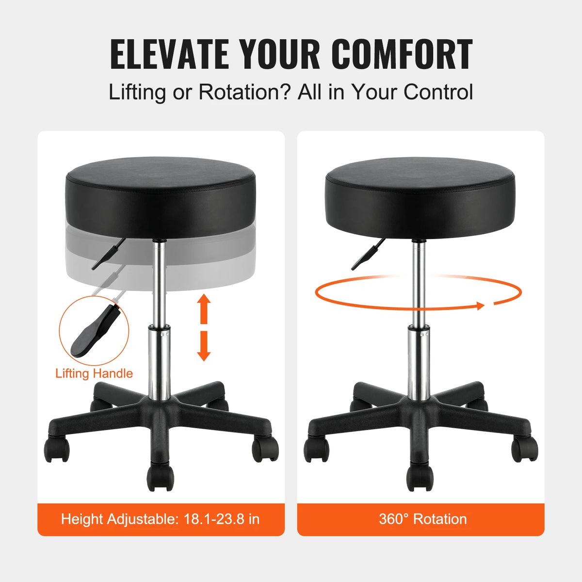 Rolling Stool - Stoel - Kruk - Rolling Stool - Zadelkruk - 40 cm Diameter - Rolling Ronde Kruk - Verstelbaar - 5 Zwenkwielen - voor Bar Salon Kantoor