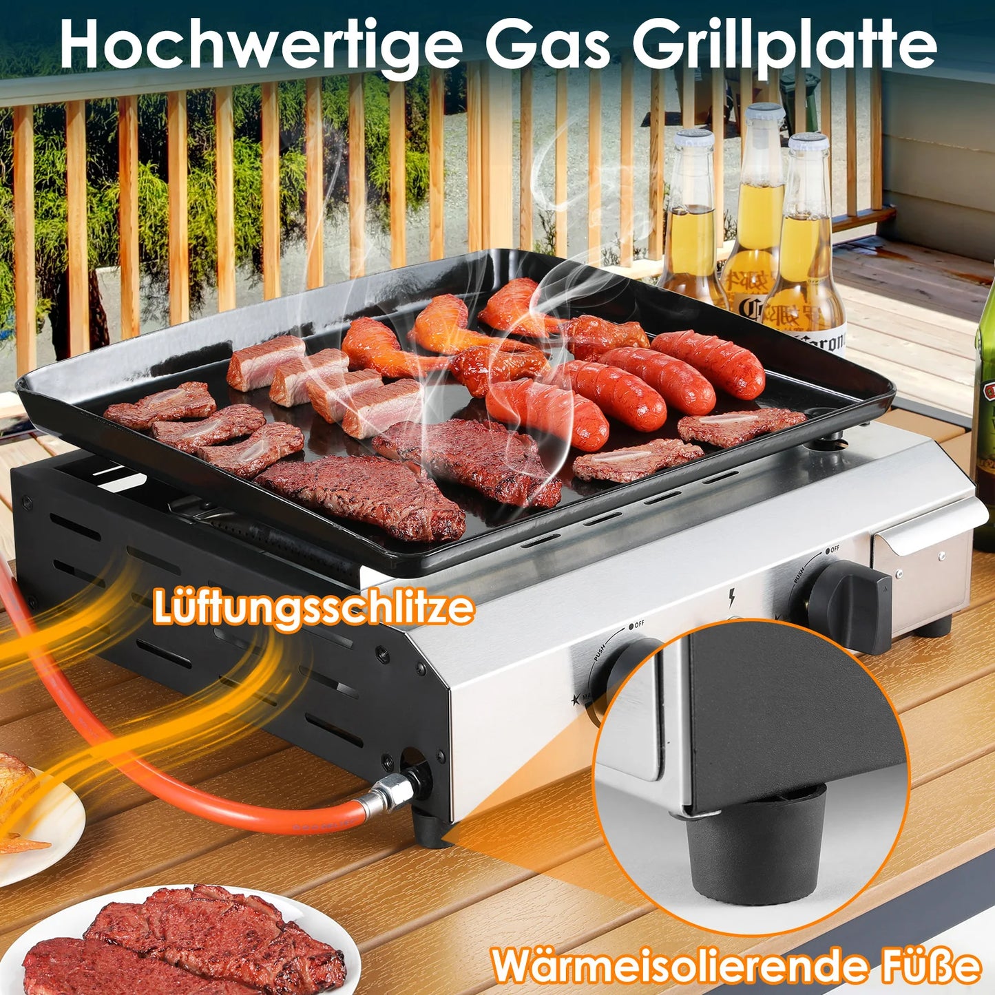 3-Pits Gasbarbecue – Compacte Grill – Tafelbarbecue – Buitenbarbecue – Gietijzeren Grillplaat 57x36 Cm – Roestvrijstalen Branders – Inklapbare Poten