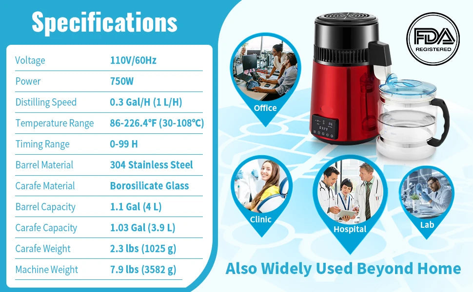 Waterdestilleerder - Apparaat - Waterzuiveraar - 1.5 L Capaciteit - Snelle Waterzuivering - Instelbare - Temperatuur - Timer - Roestvrijstalen Behuizing - Rood
