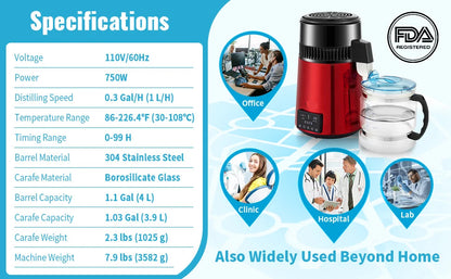 Waterdestilleerder - Apparaat - Waterzuiveraar - 1.5 L Capaciteit - Snelle Waterzuivering - Instelbare - Temperatuur - Timer - Roestvrijstalen Behuizing - Rood