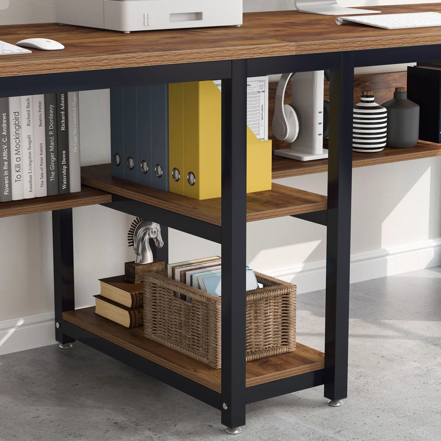 Bureau - Bureautafel - Game Bureau - 78.7" - Dubbele Computertafel - met Boekenplank - Werkstation voor Twee Personen – Ruime Kantoor- & Studiotafel - Chocolade