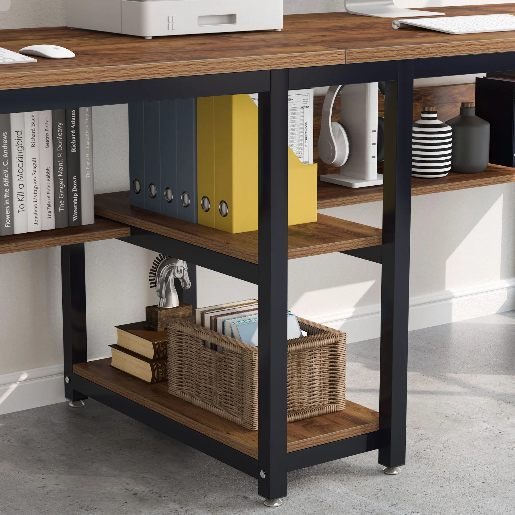 Bureau - Bureautafel - Game Bureau - 78.7" - Dubbele Computertafel - met Boekenplank - Werkstation voor Twee Personen – Ruime Kantoor- & Studiotafel - Zwart - QUORE