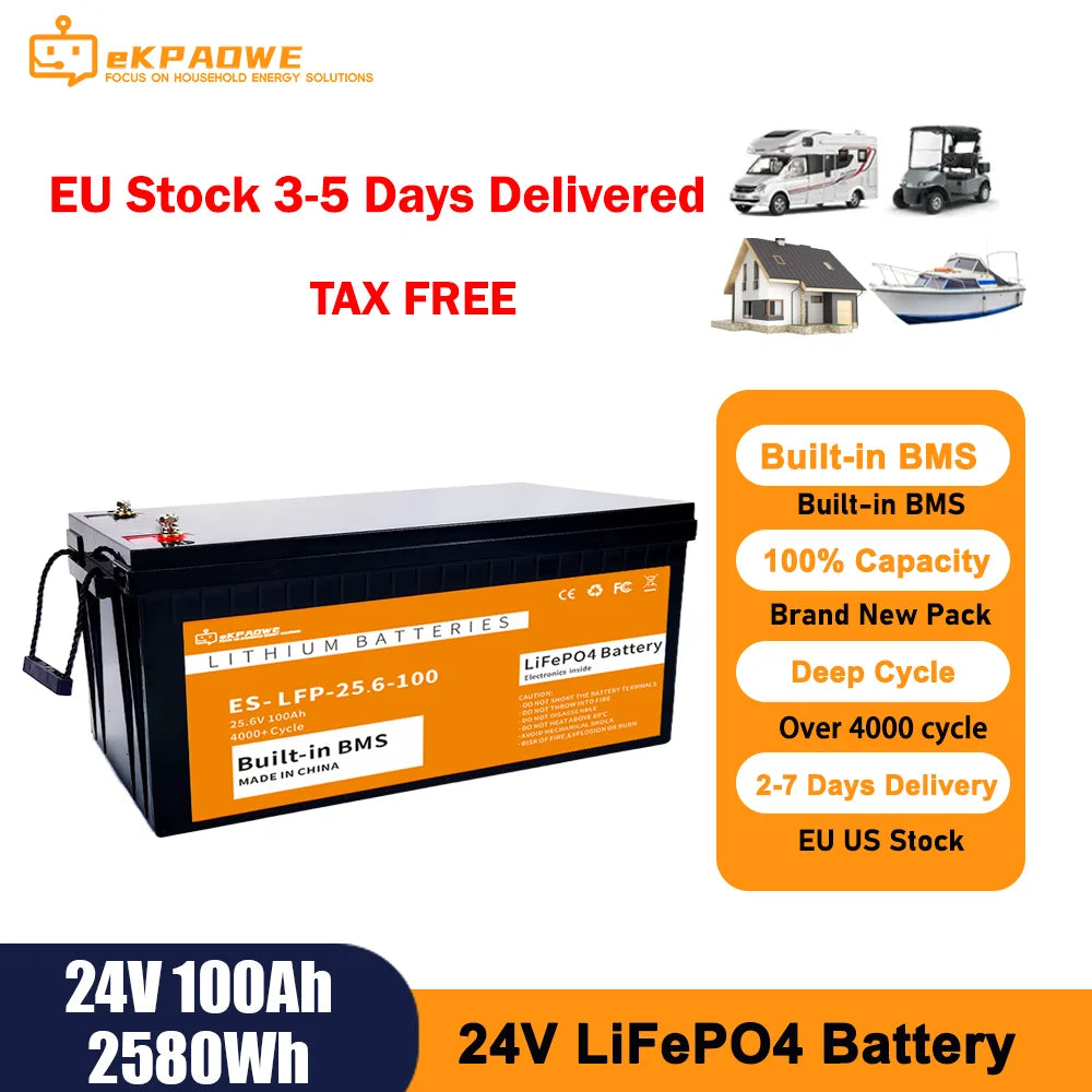 24V 100Ah LiFePO4 Accu – LiFePO4 Batterij – Lithium Accu – Thuisbatterij – Zonne-energie Accu – 2560Wh Capaciteit – Lange Levensduur & Veiligheid