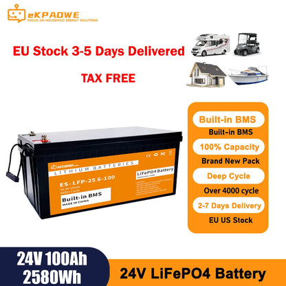 24V 100Ah LiFePO4 Accu – LiFePO4 Batterij – Lithium Accu – Thuisbatterij – Zonne-energie Accu – 2560Wh Capaciteit – Lange Levensduur & Veiligheid