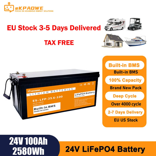24V 100Ah LiFePO4 Accu – LiFePO4 Batterij – Lithium Accu – Thuisbatterij – Zonne-energie Accu – 2560Wh Capaciteit – Lange Levensduur & Veiligheid