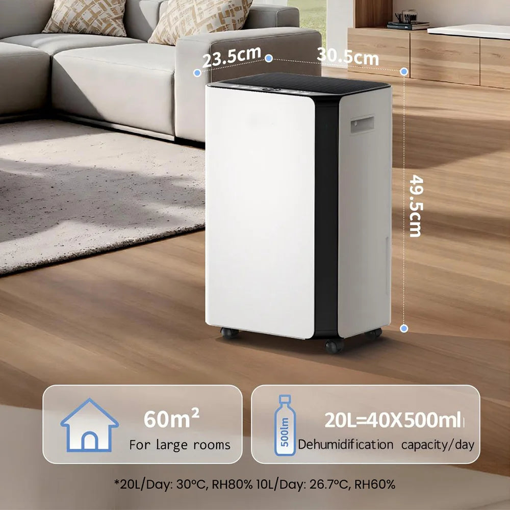 Luchtontvochtiger – Vochtvreter – Dehumidifier – Vochtverwijderaar – Ontvochtiger – 20L per dag capaciteit – Stil 43 dB met 360° wieltjes en handgreep - QUORE