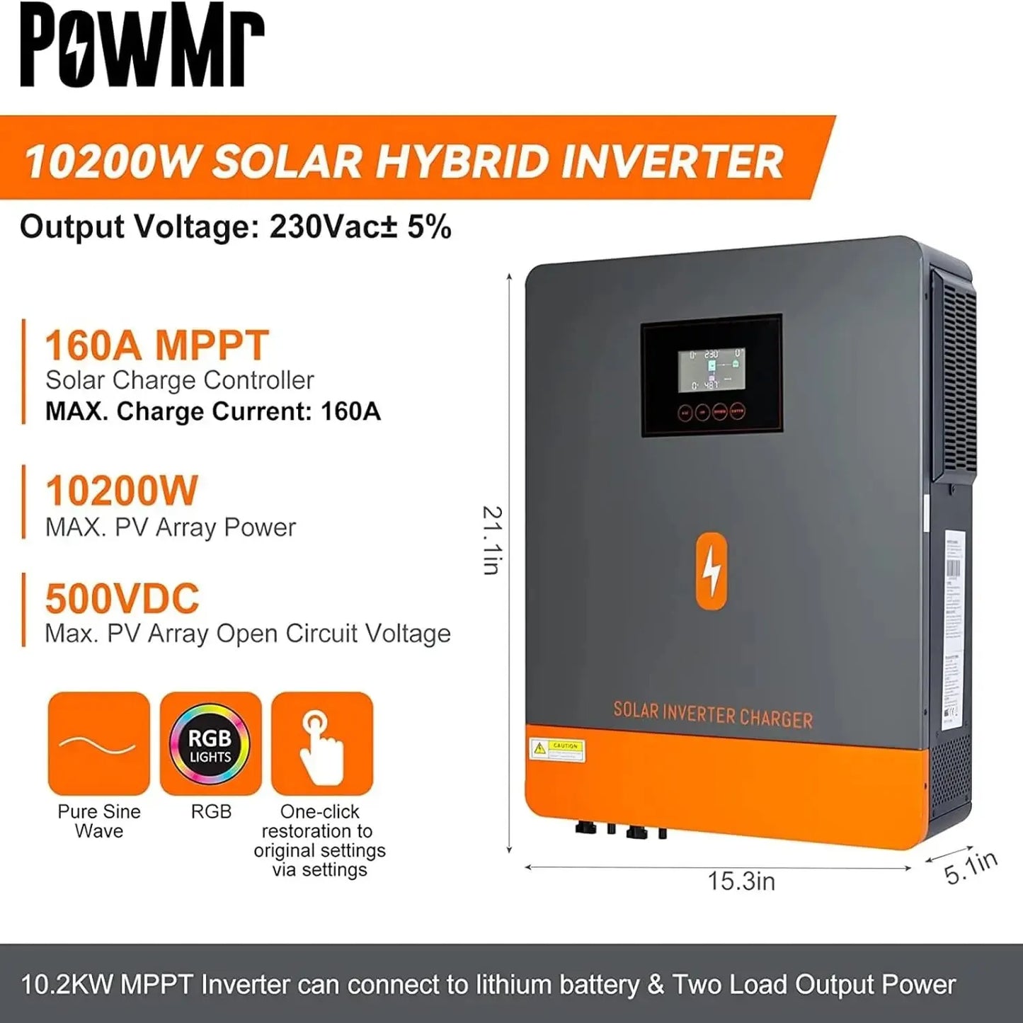Hybride Zonne-omvormer – Zonne-energie Omvormer – Solar Inverter – Netgekoppelde Omvormer – 10,2 kW – Dual MPPT – Pure Sine Wave Uitgang