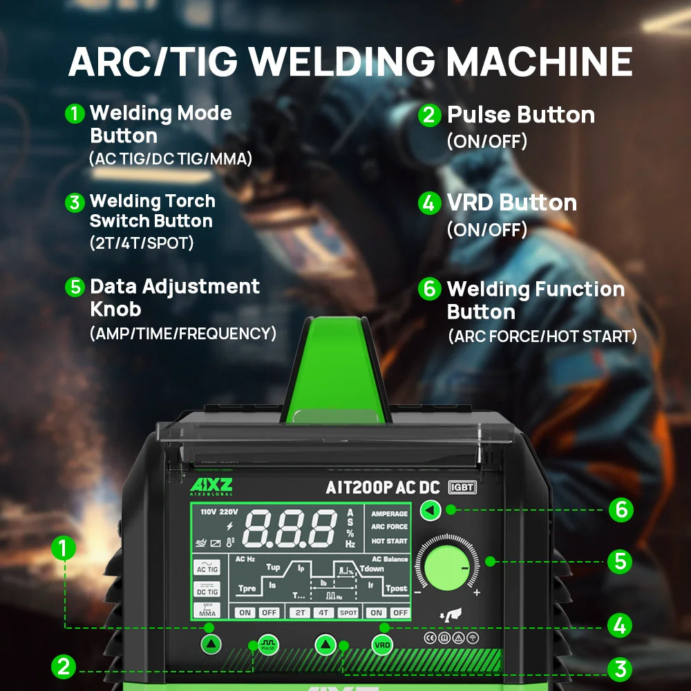 Aixz - AIT200P - Elektrisch lasapparaat - 200A - Oververhitting beveiliging - HF TIG AC DC Lasser Puls IGBT Inverter - ARC-kracht 2T-4T - Zwart
