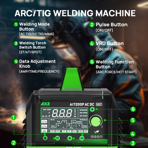 Aixz - AIT200P - Elektrisch lasapparaat - 200A - Oververhitting beveiliging - HF TIG AC DC Lasser Puls IGBT Inverter - ARC-kracht 2T-4T - Zwart