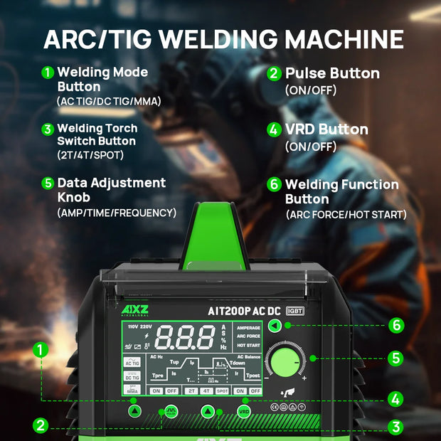 Aixz - AIT200P - Elektrisch lasapparaat - 200A - Oververhitting beveiliging - HF TIG AC DC Lasser Puls IGBT Inverter - ARC-kracht 2T-4T - Zwart