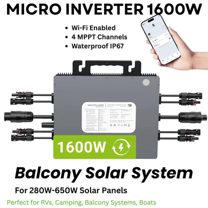 Micro-Omvormer – Zonnepaneel Omvormer – Grid-Tie Omvormer – Solar Inverter – 1600W Micro-Omvormer Zonder Ac-Kabel – 4 Mppt-Ingangen – WiFi Monitoring – IP67 Waterdicht