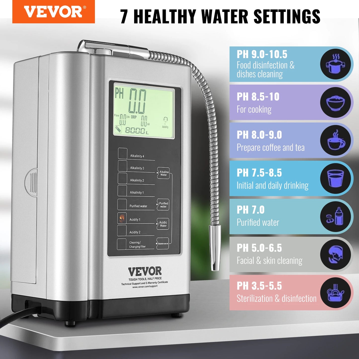 SucceBuy Alkaline Water Ionizer Machine pH 3.5-10.5 Alkaline Acidic Hydrogen Water Purifier