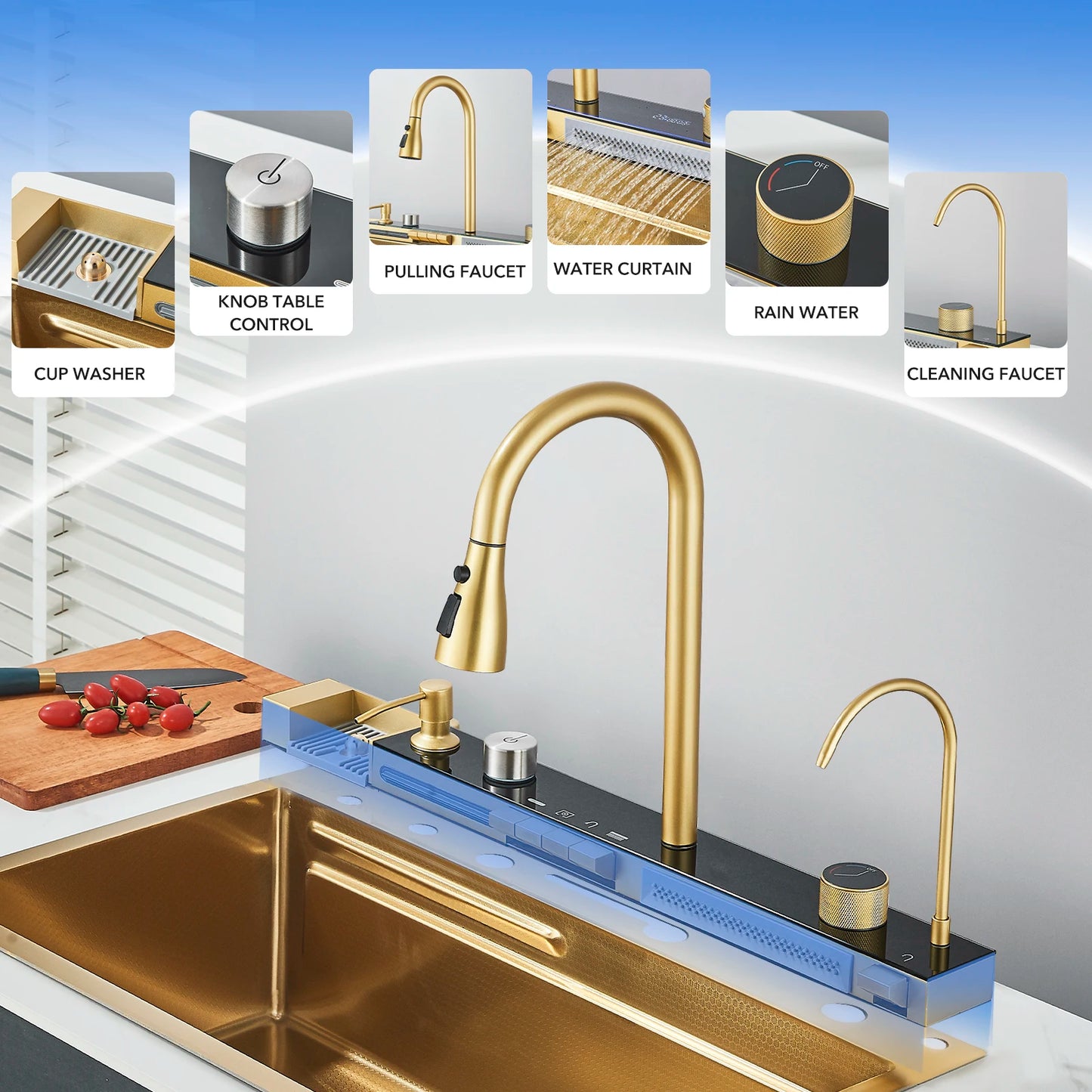 Keukenspoelbak - met Kraan - Digitaal Display - Temperatuurregeling - Waterval Waterfilter - Zeepdispenser – Grote Capaciteit - RVS - Goud
