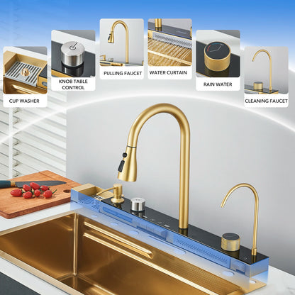 Keukenspoelbak - met Kraan - Digitaal Display - Temperatuurregeling - Waterval Waterfilter - Zeepdispenser – Grote Capaciteit - RVS - Goud