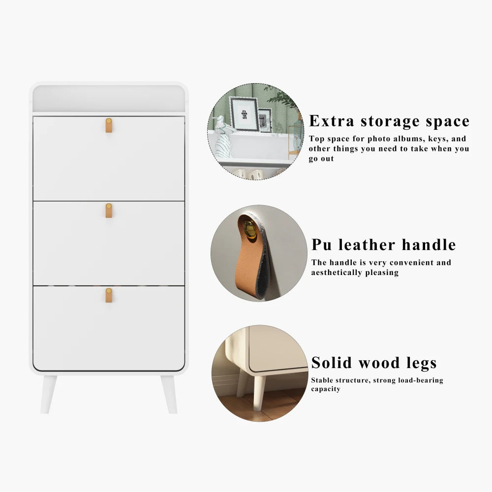 Schoenenrek – Smalle Schoenenkast – Schoenopberger – Schoenenkastje – 3 Uitklapbare Laden – Ruimtebesparend – MDF Met Houten Poten