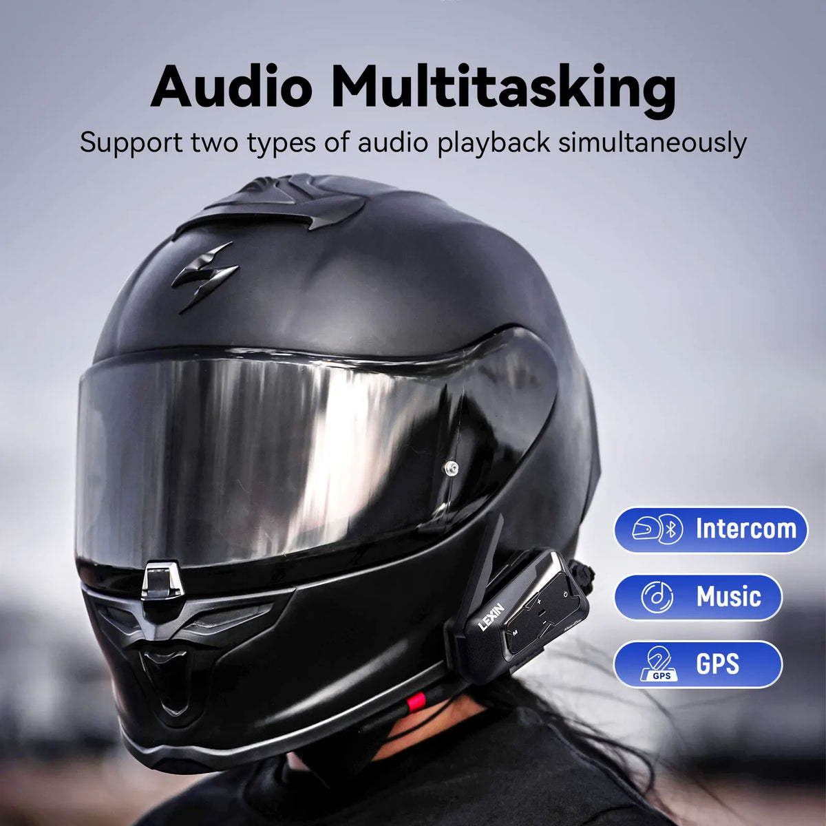 LEXIN-MeshCom Motorcycle MESH&Bluetooth Headset Intercom ,With Mesh Communication System, Parallel Audio- Intercom,24 Riders - QUORE