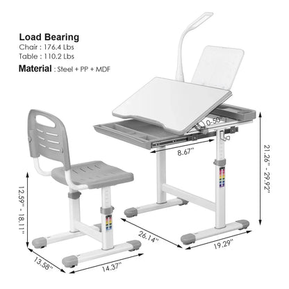 Ergonomisch Kinderbureau – Kinderbureau Met Stoel – Verstelbaar Bureau – LED Leeslamp – Kantelbaar Tafelblad – Met Opberglade