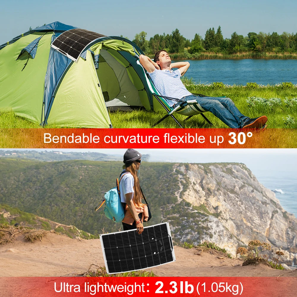 DOKIO 200W (two 100W) 18V flexible solar panel waterproof monocrystalline solar panel camping RV home 12V battery charging