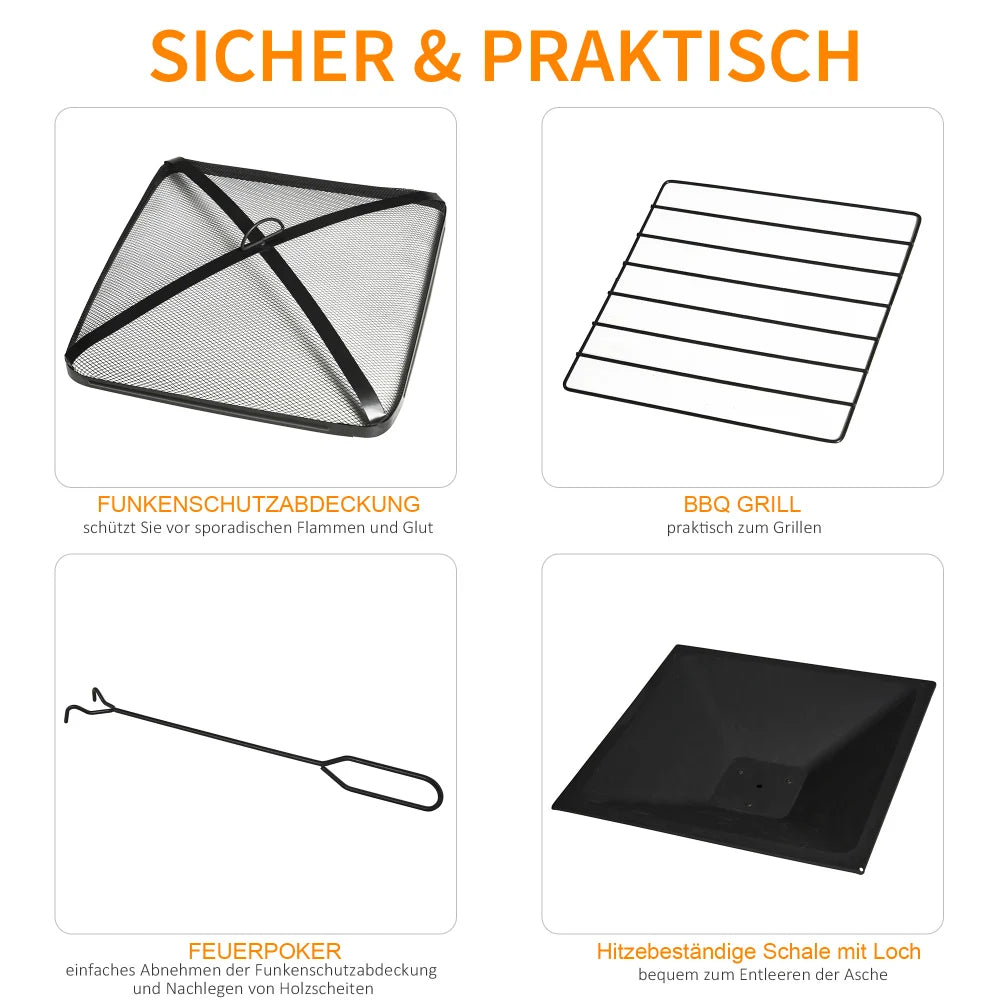 3-in-1 Haardkam - Vuurschaal – Buitenhaard – BBQ – Vuurkorf – Grillrooster – Stalen Constructie – Hitzebestendig - 76x76x47 cm