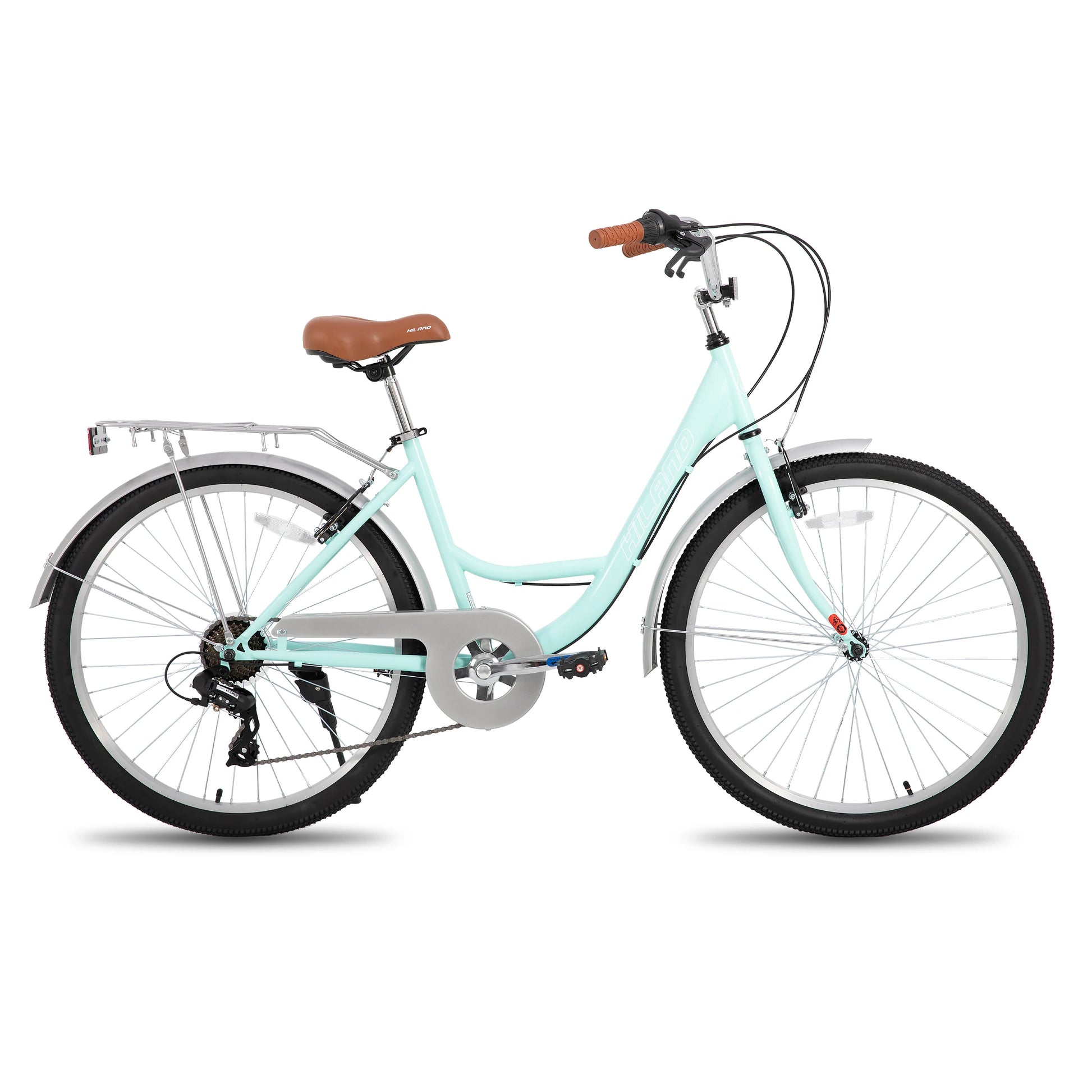 HILAND 26 inch Complete Beach Cruiser Bike for Adults, 7 Speed Step-Through Frame Womens Bicycle with Rear Rack, Retrospec Bike - QUORE