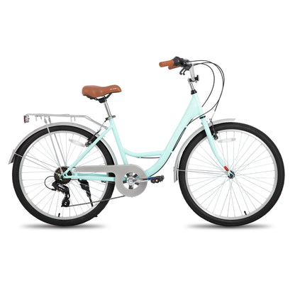 HILAND 26 inch Complete Beach Cruiser Bike for Adults, 7 Speed Step-Through Frame Womens Bicycle with Rear Rack, Retrospec Bike - QUORE