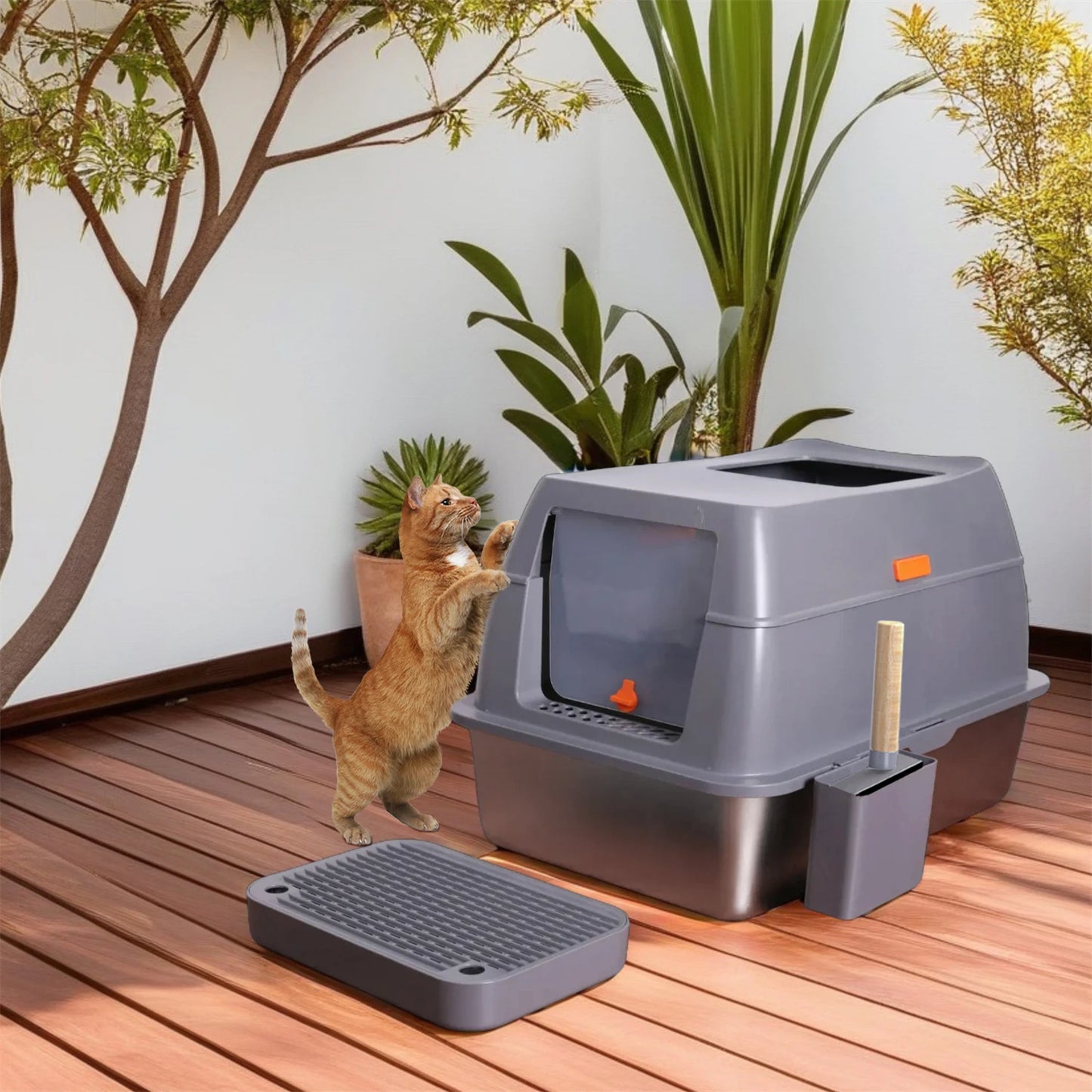 Kattenbak - Kattentoilet - kattenbakvulling - Hoge Wanden & Metalen Binnenbak – Grijs en Zilver - XL
