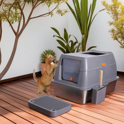 Kattenbak - Kattentoilet - kattenbakvulling - Hoge Wanden & Metalen Binnenbak – Grijs en Zilver - XL